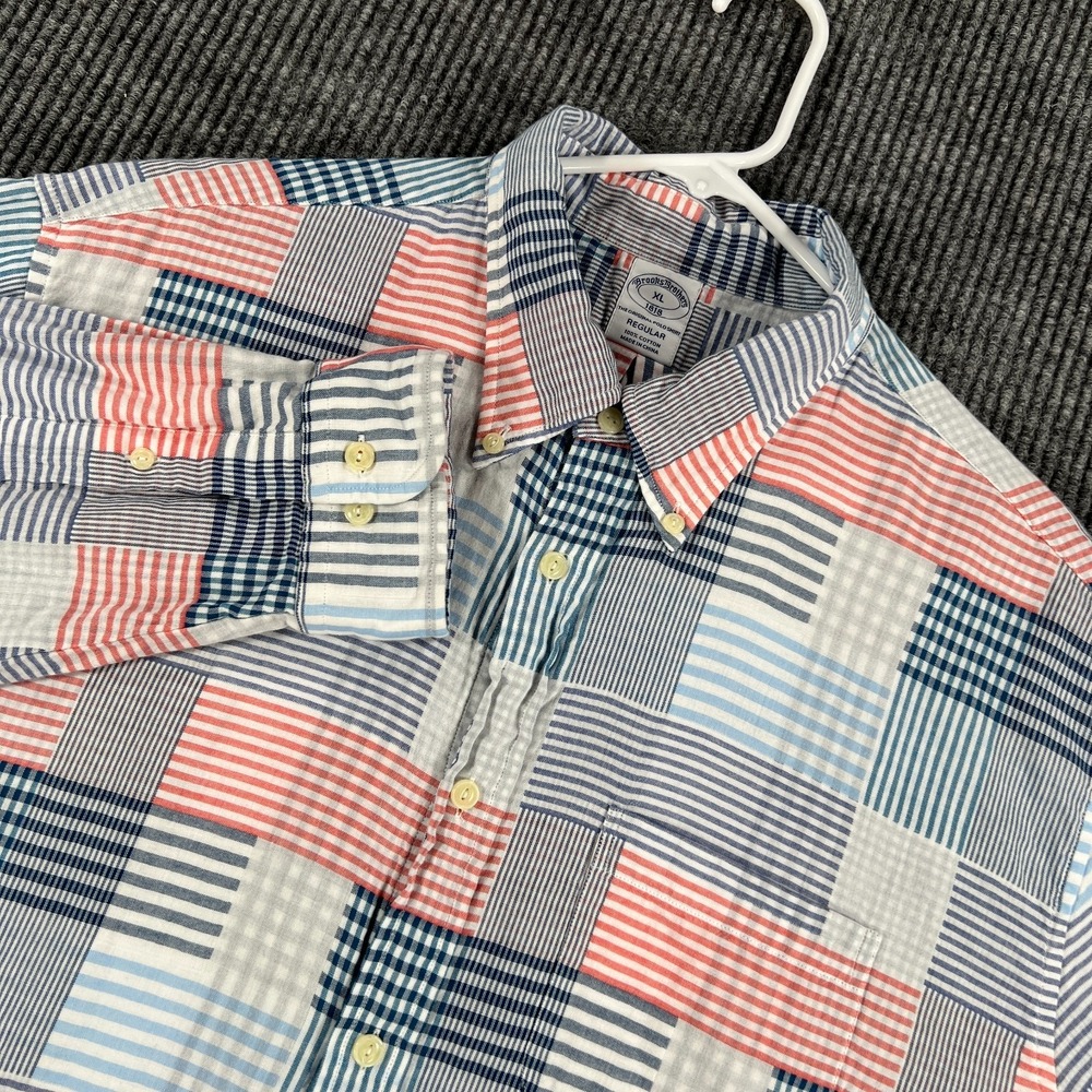 Brooks Brothers Shirt Mens XL Extra Large Blue Patchwork Long Sleeve Button Down
